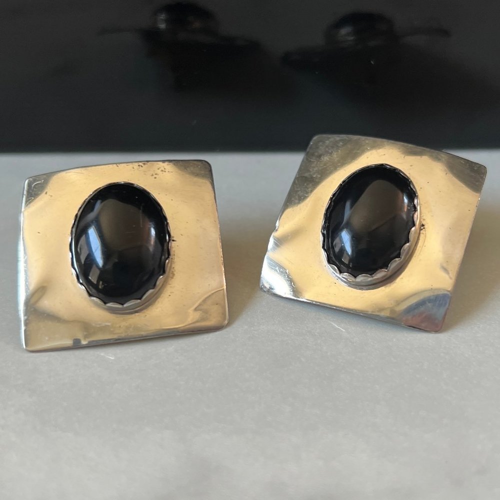 Vintage Sterling Silver and Black Onyx Square Post Earrings